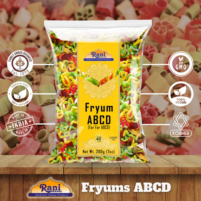 Rani Far Far / Fryums (Wheat & Tapioca Pellet) ABCD Shape 7oz (200g) ~ Vegan, Kosher, Uncooked, Used to Make Papad, Bhungra / Chip Snack