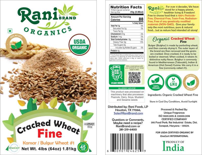 Rani Organic Cracked Wheat Fine (Kansar/Bulgur Wheat#1) 64oz (4lbs) 1.81kg Bulk ~ All Natural | Vegan | Gluten Friendly | NON-GMO | Indian Origin | USDA Certified Organic