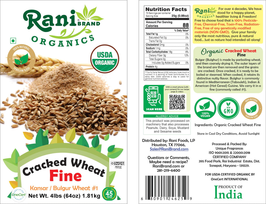 Rani Organic Cracked Wheat Fine (Kansar/Bulgur Wheat#1) 64oz (4lbs) 1.81kg Bulk ~ All Natural | Vegan | Gluten Friendly | NON-GMO | Indian Origin | USDA Certified Organic