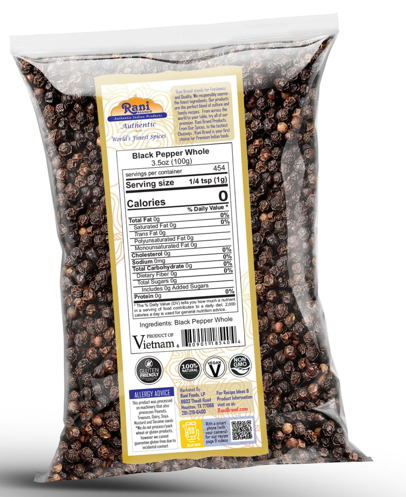 Rani Black Pepper Whole (Peppercorns), Premium Bold Tellicherry Quality 3.5oz (100g) ~ All Natural | Gluten Friendly | Non-GMO | Kosher | Product of Vietnam | Perfect size for Grinders!