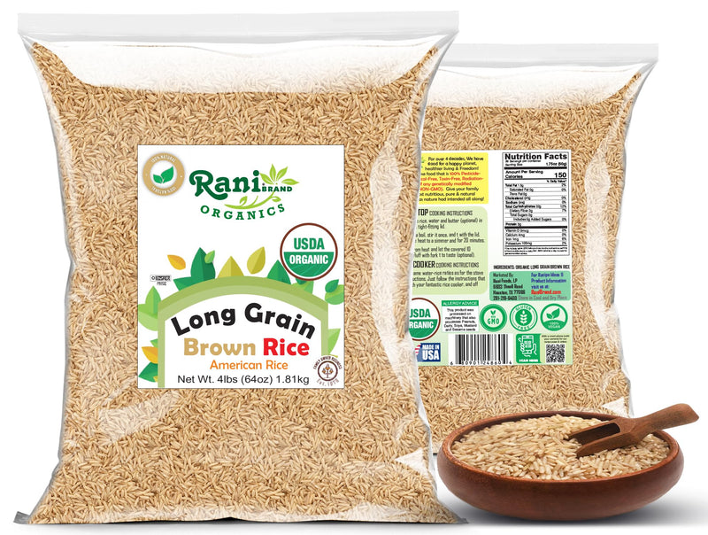 Rani Organic Long Grain Brown Rice 64oz (4lbs) 1.81kg Bulk  ~ All Natural | Gluten Friendly | Vegan | Non-GMO | Kosher | Product of USA | USDA Certified Organic