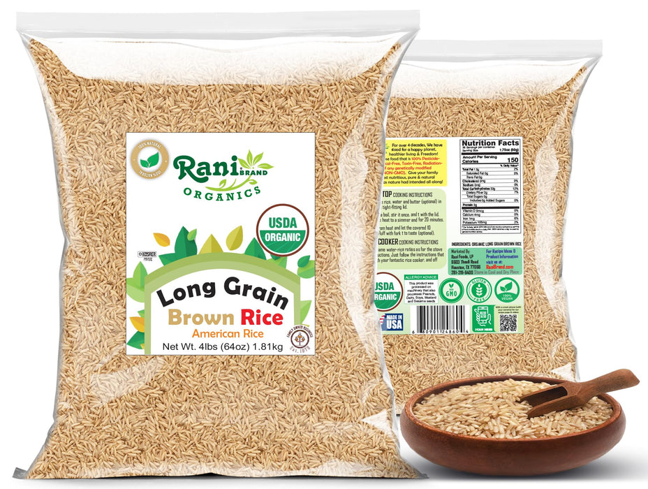 Rani Organic Long Grain Brown Rice 64oz (4lbs) 1.81kg Bulk  ~ All Natural | Gluten Friendly | Vegan | Non-GMO | Kosher | Product of USA | USDA Certified Organic