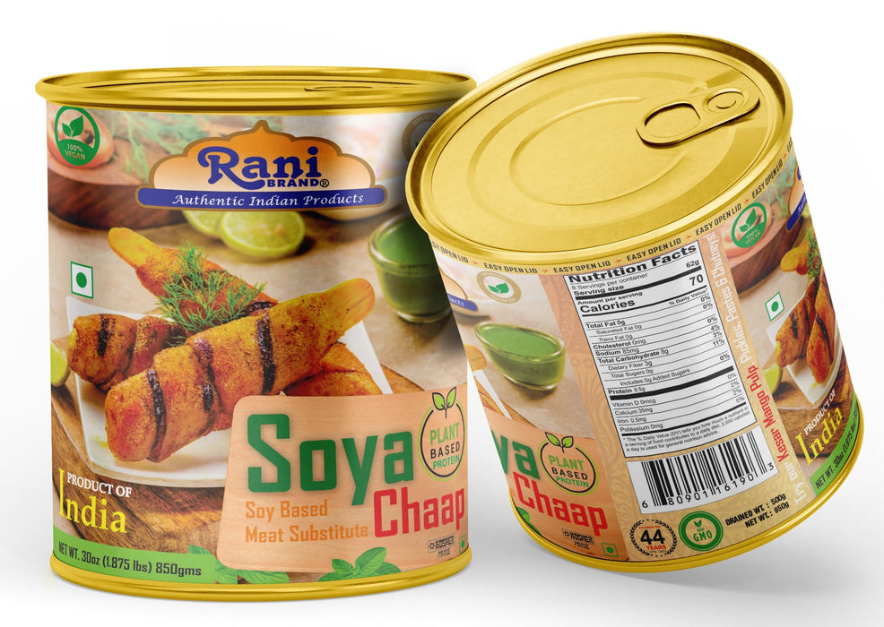 Rani Soya Chaap (Plant Based Protein) 30oz (1.875lbs) 850g ~ Easy Open Lid | All Natural | Vegan | No Colors | NON-GMO | Kosher | Indian Origin | Soy Based Meat Substitute