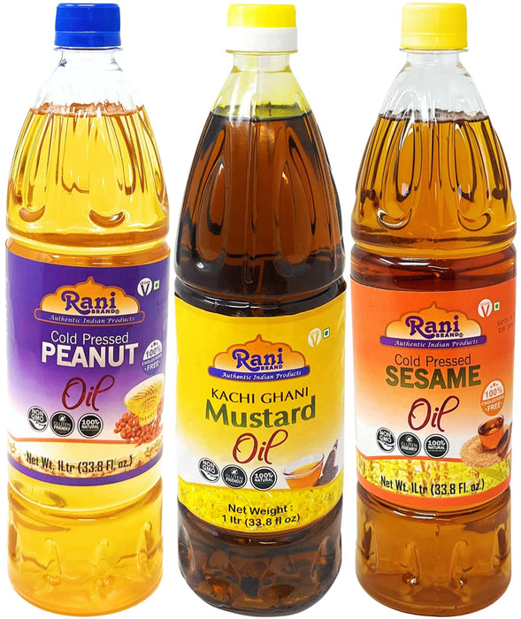 Rani Premium Oils Combo Set of 3 - Peanut Oil, Mustard Oil, Sesame Oil 33.8 Ounce (1 Liter) ~ Cold Pressed | 100% Natural | NON-GMO | Vegan