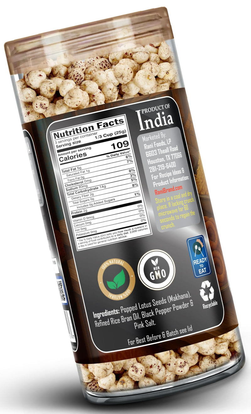 Rani Roasted Makhana (Fox Nut/Popped Lotus Seed) Salt & Pepper Flavor 2.6oz (75g) Ready to eat, Hand Picked Foxnuts ~ All Natural | Vegan | Gluten Friendly | NON-GMO | Kosher | Indian Origin