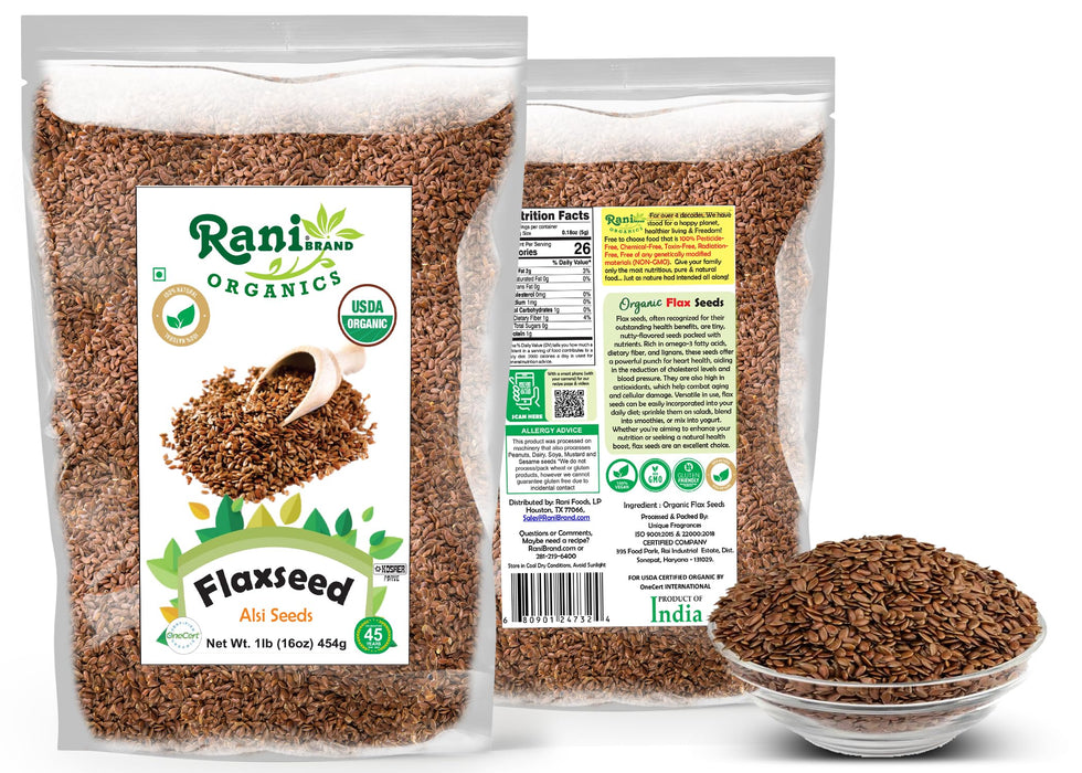 Rani Organic Flax Seeds Whole Raw (Alsi, Linum usitatissimum) 16oz (1lb) 454g ~ All Natural | Gluten Friendly | Non-GMO | Kosher | Vegan | Indian Origin | USDA Certified Organic