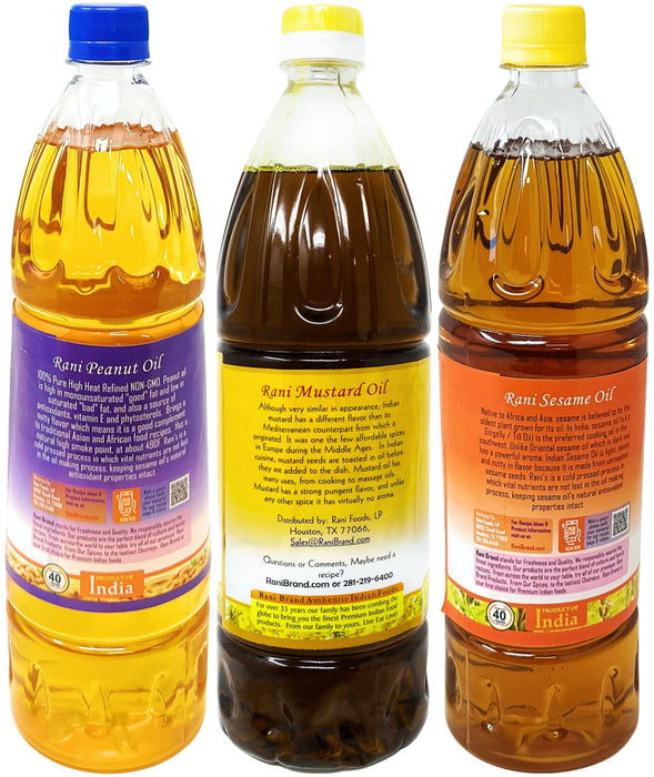 Rani Premium Oils Combo Set of 3 - Peanut Oil, Mustard Oil, Sesame Oil 33.8 Ounce (1 Liter) ~ Cold Pressed | 100% Natural | NON-GMO | Vegan