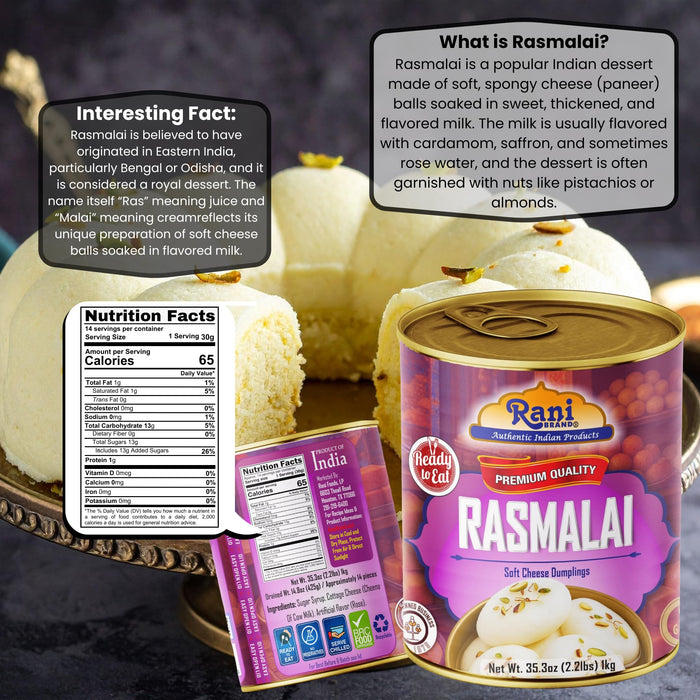 Rani Rasmalai (Soft Cheese Dumplings) 35.3oz (2.2lbs) 1kg Pack of 18, Approximately 14 pieces, Easy Open Lid ~ Ready to eat | Gluten Free | Non-GMO | Kosher | Indian Origin