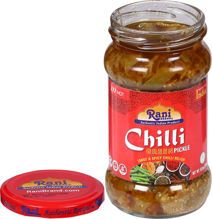 Rani Green Chilli Pickle Hot (Achar, Spicy Indian Relish) 10.5oz (300g)  ~ Glass Jar, Natural | Vegan | Gluten Free | NON-GMO | Kosher | No Colors