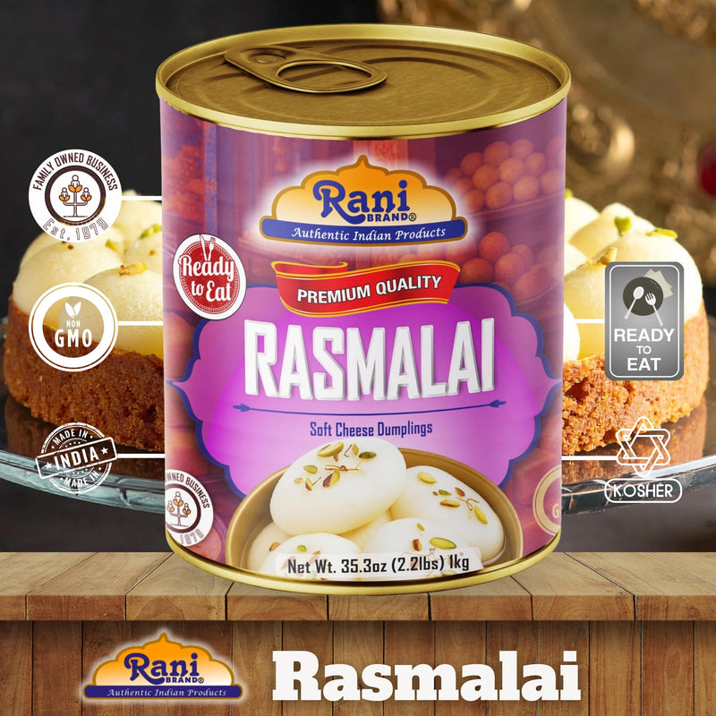 Rani Rasmalai (Soft Cheese Dumplings) 35.3oz (2.2lbs) 1kg Pack of 18, Approximately 14 pieces, Easy Open Lid ~ Ready to eat | Gluten Free | Non-GMO | Kosher | Indian Origin