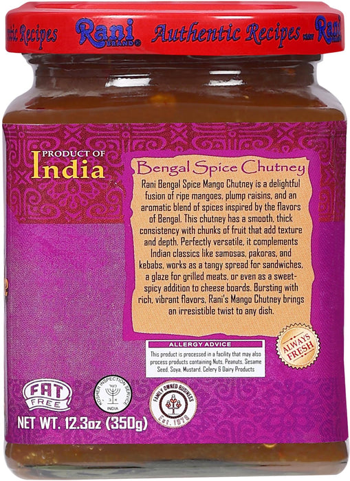 Rani Bengal Spice Mango Chutney (Indian Preserve) 10.5oz (300g) Glass Jar, Ready to eat, Vegan ~ Gluten Free, All Natural, NON-GMO