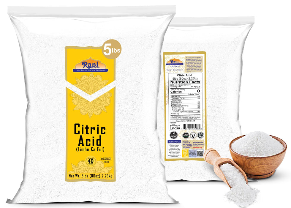 Rani Citric Acid Powder, Food Grade (Limbu Ka Ful) 80oz (5lbs) 2.27kg Bulk ~ Used for Cooking, Bath Bombs, Cleaning | Gluten Friendly | Kosher | Indian Origin