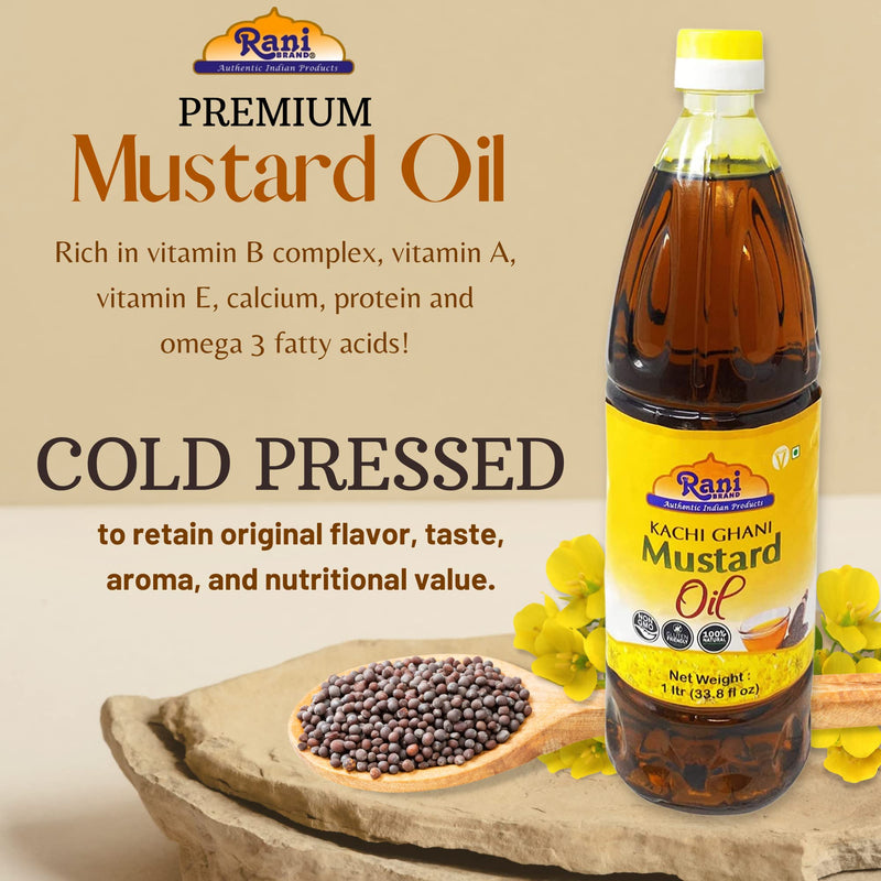 Rani Mustard Oil (Kachi Ghani) 33.8 Ounce (1 Liter) Pack of 12, NON-GMO | Gluten Free | Vegan | 100% Natural