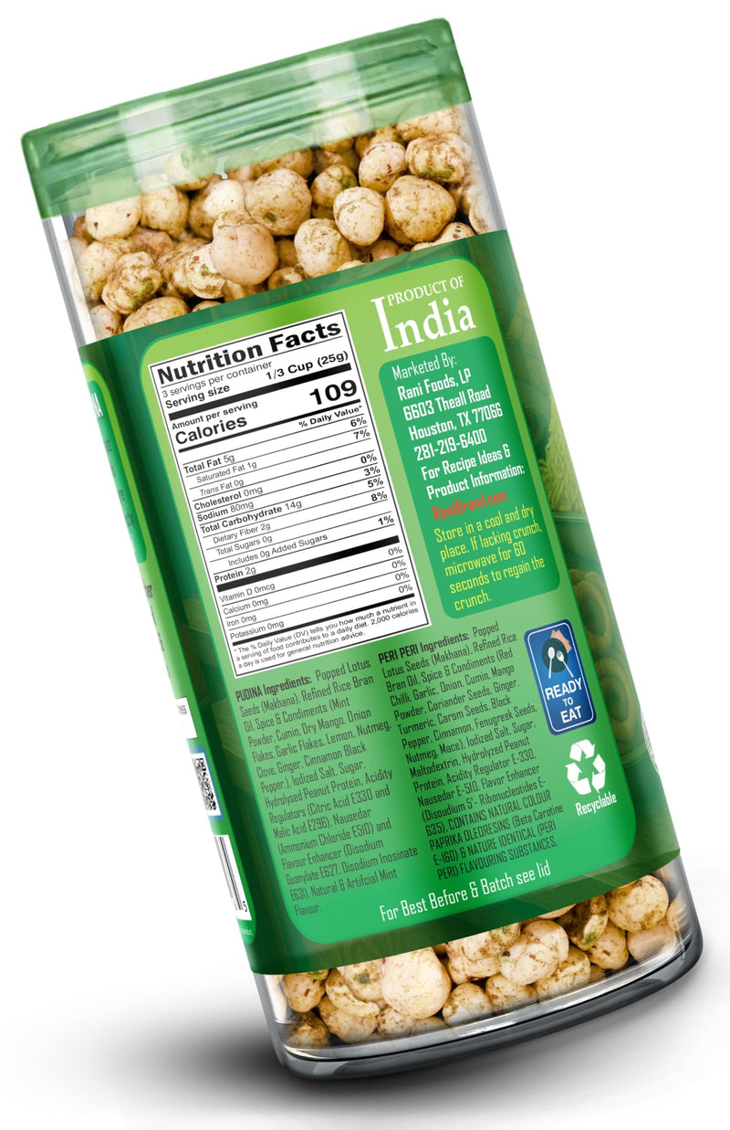 Rani Roasted Makhana (Fox Nut/Popped Lotus Seed) 2in1 Pudina & Peri Peri 2.6oz (75g) Ready to eat, Hand Picked Foxnuts ~ High in Protein | Vegan | Gluten Friendly | NON-GMO | Kosher | Indian Origin