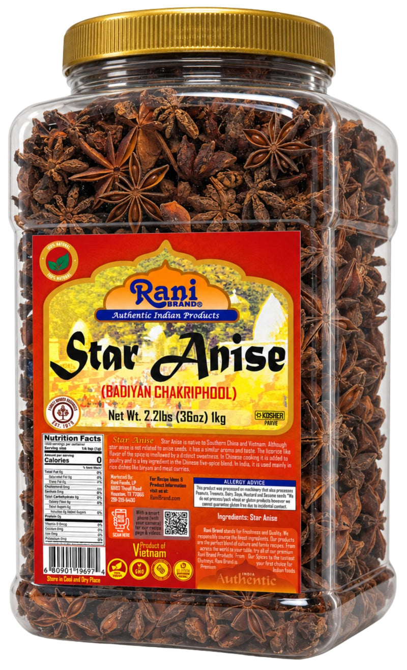 Rani Star Anise Seeds, Whole Pods (Badian Khatai) Spice 35oz (2.2lbs) 1kg PET Jar ~ All Natural | Gluten Friendly | NON-GMO | Kosher | Vegan | Indian Origin