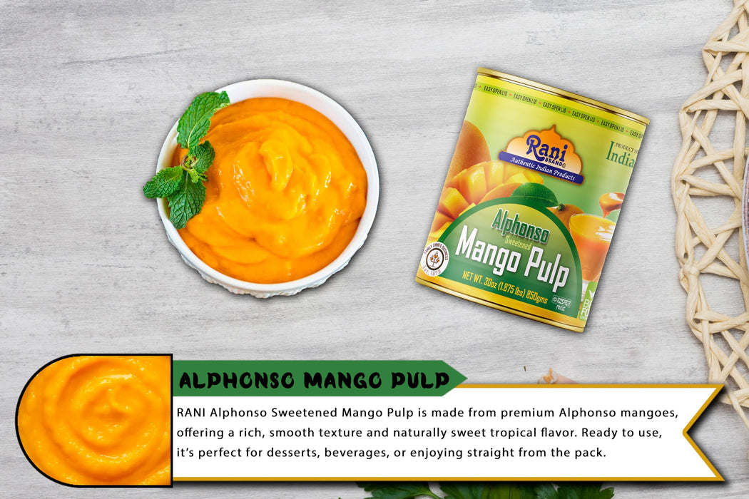 Rani Mango Pulp Puree (Makes Mango Lassi Shakes) Alphonso Sweetened 30oz (1.875lbs) 850g ~ Kosher | All Natural | NON-GMO | Vegan | No colors | Gluten Friendly | Indian Origin