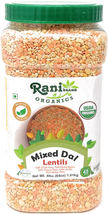 Rani Organic Mixed Dal (Chana Dal, Moong Dal, Toor Dal, Masoor Dal, Urad Dal) 64oz (4lbs) 1.81kg Bulk PET Jar ~ All Natural | Gluten Friendly | NON-GMO | Kosher | Vegan | Indian Origin | USDA Certified Organic