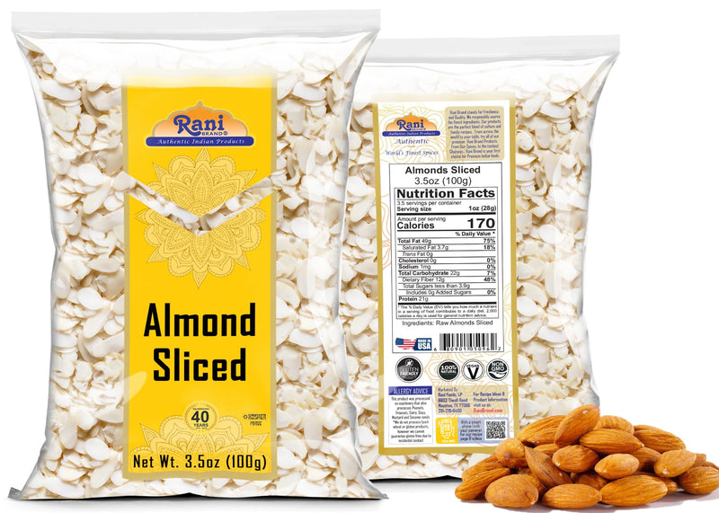 Rani Sliced Almonds (uncooked, unsalted) 3.5oz (100g) ~ All Natural | Vegan | Gluten Friendly | Kosher | Fresh Product of USA ~ California Shelled Almonds