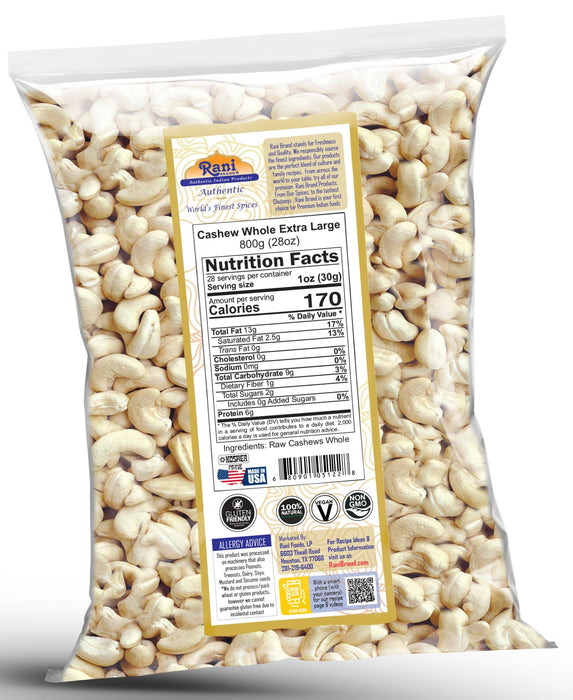 Rani Raw Cashews Whole W180 Extra Large (uncooked, unsalted) 28oz (800g) ~ All Natural, No Preservatives | Vegan | NON-GMO | Kosher | Gluten Friendly