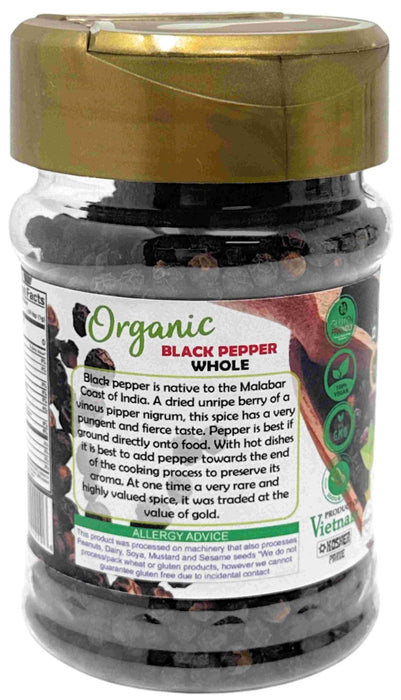 Rani Organic Black Pepper Whole (Peppercorns), Premium MG-1 Grade 3oz (85g) PET Jar ~ All Natural | Gluten Friendly | Non-GMO | USDA Certified Organic | Kosher | Product of Vietnam