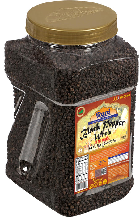 Rani Black Pepper Whole (Peppercorns), MG-1 Grade 80oz (5lbs) 2.27kg Bulk PET Jar ~ All Natural | Gluten Friendly | Non-GMO | Kosher | Perfect Size for Grinders!