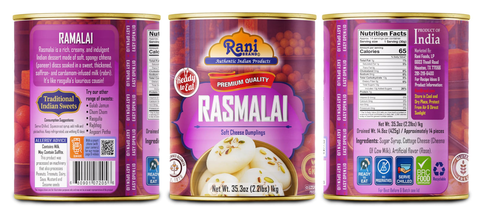 Rani Rasmalai (Soft Cheese Dumplings) 35.3oz (2.2lbs) 1kg Pack of 18, Approximately 14 pieces, Easy Open Lid ~ Ready to eat | Gluten Free | Non-GMO | Kosher | Indian Origin