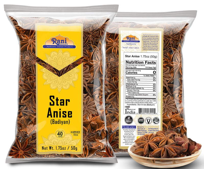 Rani Star Anise Seeds, Whole Pods (Badian Khatai) Spice 1.75oz (50g) ~ All Natural | Gluten Friendly | Kosher | Vegan | Whole Chinese Anise Star Sun Dried Spice, Anis Estrella / Illicium Verum, Widely Used for Baking, Drinks, Cooking, and Tea