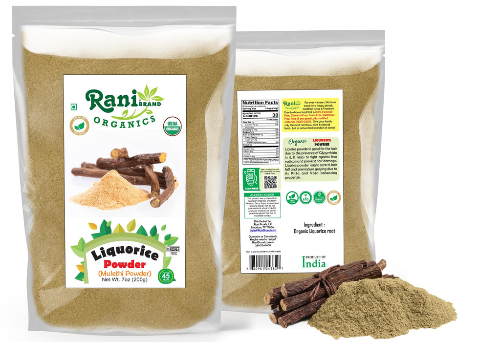 Rani Organic Liquorice Powder (Mulethi Powder) 7oz (200g) ~ All Natural | No Color | Gluten Friendly | Vegan | Non-GMO | Kosher | No Salt or fillers | Indian Origin | USDA Organic Certified