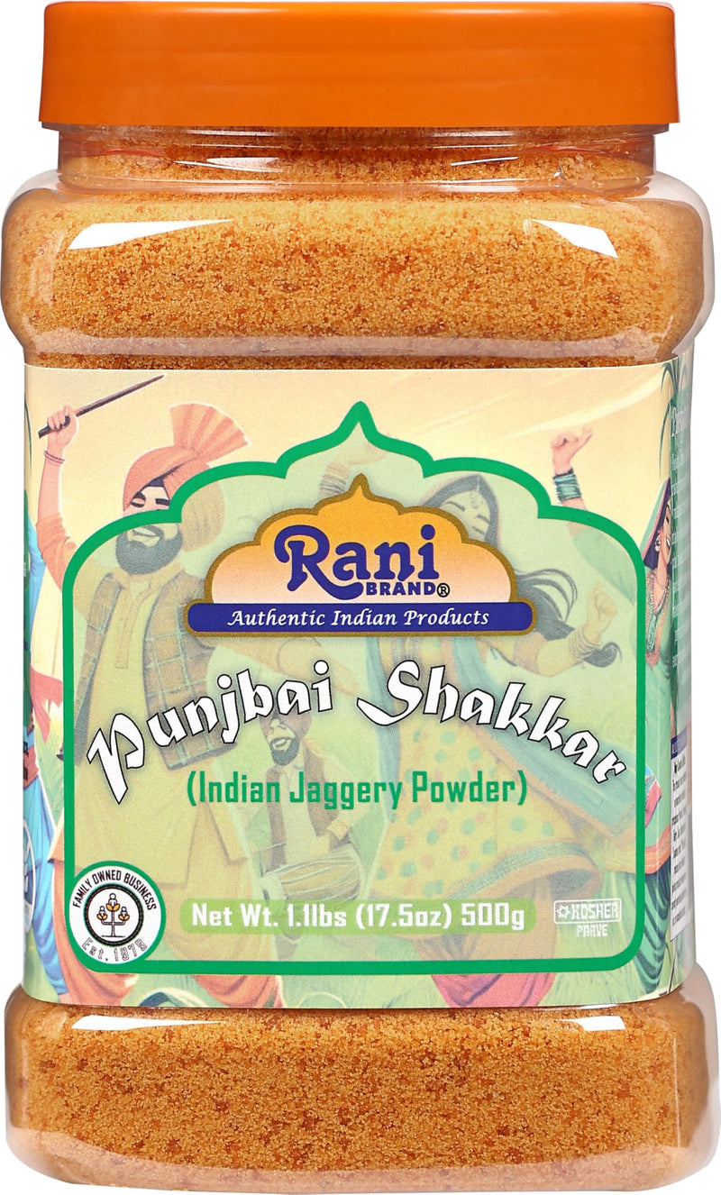 Rani Punjabi Shakkar (Gur Jaggery Powder) Indian Unrefined Raw Cane Sugar 17.5oz (1.1lbs) 500g PET Jar ~ Gluten Friendly | Vegan |  Kosher | NON-GMO | No Salt or fillers | Indian Product