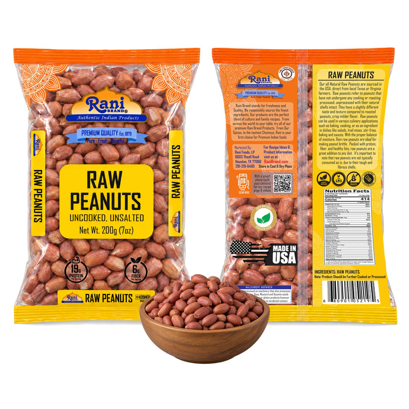 Rani Peanuts, Raw Whole With Skin (uncooked, unsalted) 7oz (200g) ~ All Natural | Vegan | Gluten Friendly | Kosher | Fresh Product of USA ~ Spanish Grade Groundnut / Red-skin