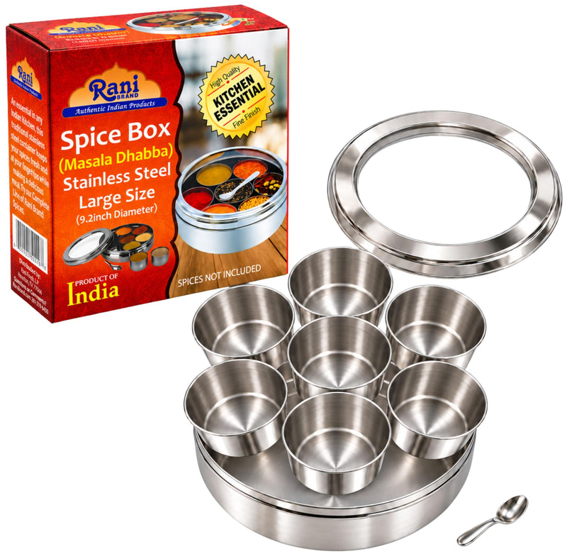 Rani Spice Box Stainless Steel Transparent Round Storage (9.2in x 3in) For Spices (Masala Dabba) 7 Compartments, with spoon ~ Packed in an attractive box, perfect for gifts!