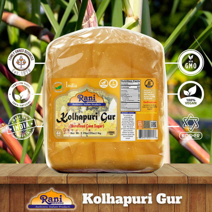 Rani Kolhapuri Gur (Jaggery) 1kg (2.2lbs) ~ Indian Unrefined Raw Cane Sugar, No Color added, Gluten Friendly | Vegan | NON-GMO | Kosher | No Salt or fillers