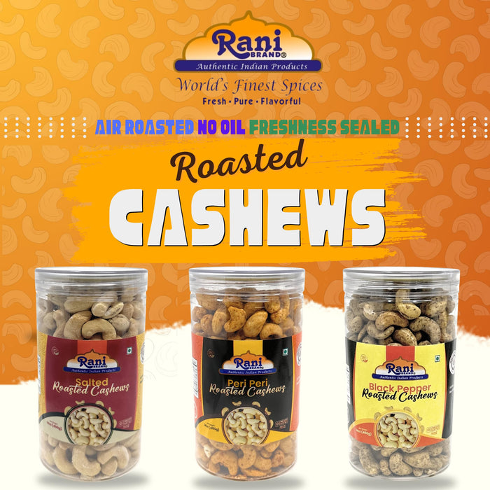 Rani Roasted Cashews Variety Pack (Salted, Black Pepper, Peri Peri) 14oz (400g) Pack of 3, PET Jar, Non-Fried, Oil Free ~ All Natural | Vegan | Gluten Friendly | NON-GMO | Kosher | Air Roasted