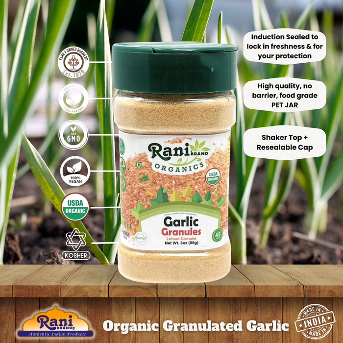 Rani Organic Granulated Garlic (Lahsun Granules) 3oz (85g) PET Jar ~ All Natural | Gluten Friendly | Vegan | NON-GMO | Kosher | No Salt or fillers | Indian Origin | USDA Certified Organic