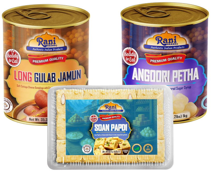 Rani Gulab Jamun Long 35.3oz (2.2lbs) 1kg, Angoori Petha 35.3oz (2.2lbs) 1kg, Soan Papdi 8.7oz (250g), Combo Set of 3 ~ Ready to eat | Non-GMO | Kosher | Indian Origin