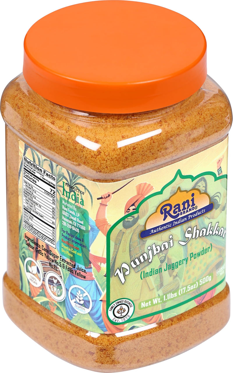 Rani Punjabi Shakkar (Gur Jaggery Powder) Indian Unrefined Raw Cane Sugar 17.5oz (1.1lbs) 500g PET Jar ~ Gluten Friendly | Vegan |  Kosher | NON-GMO | No Salt or fillers | Indian Product