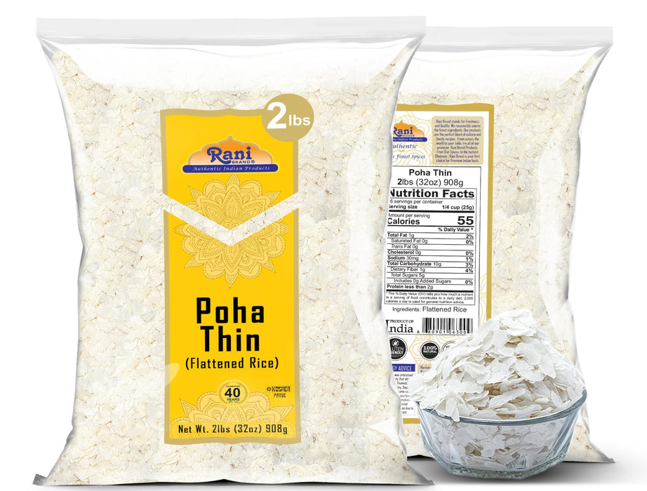 Rani Poha (Powa) Thin Cut (Flattened Rice) 32oz (2lbs) 908g Bulk ~ All Natural, Salt-Free | Vegan | Kosher | No Colors | Gluten Friendly | Indian Origin