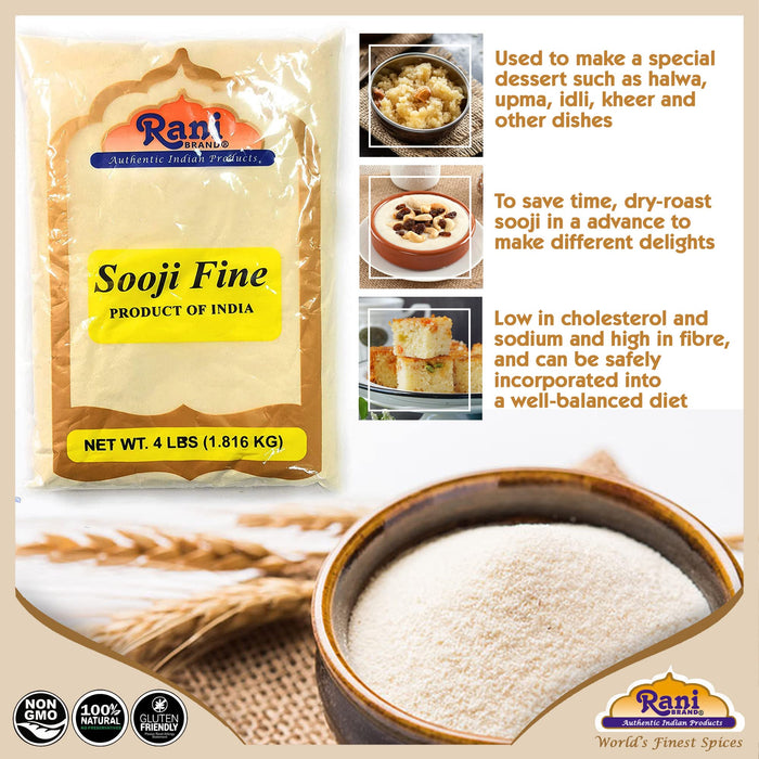 Rani Sooji Fine (Farina, Suji, Rava, Wheat) Flour, 64oz (4lbs) 1.81kg ~ All Natural | Vegan | NON-GMO | Kosher | Indian Origin