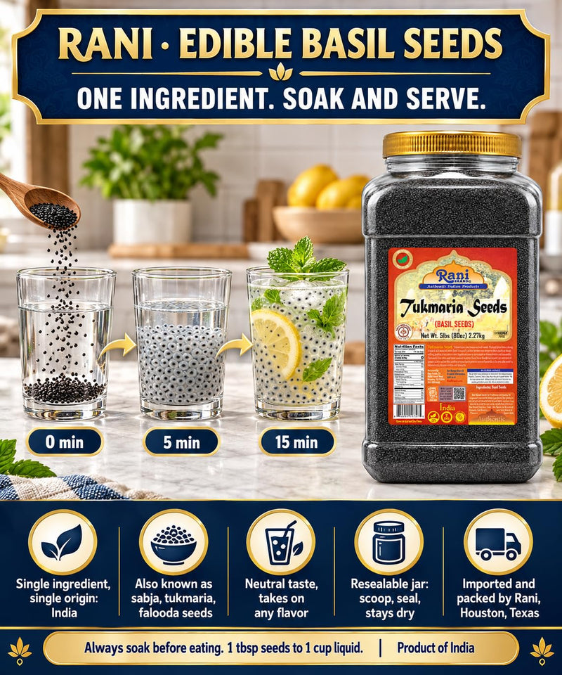 Rani Basil Seeds (Edible Tukmaria, Sabja) 5 lb Jar, 15 g Fiber per Serving