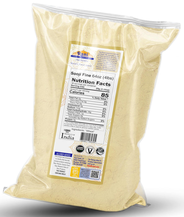 Rani Sooji Fine (Farina, Suji, Rava, Wheat) Flour, 64oz (4lbs) 1.81kg ~ All Natural | Vegan | NON-GMO | Kosher | Indian Origin