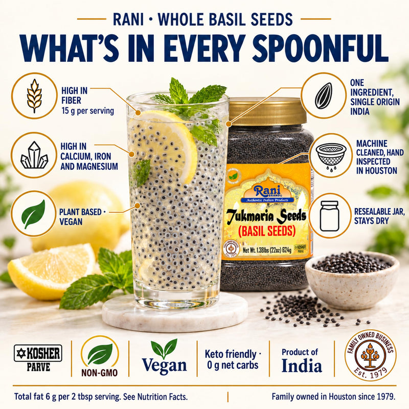 Rani Basil Seeds (Edible Tukmaria, Sabja) 22 oz Jar, 15 g Fiber per Serving