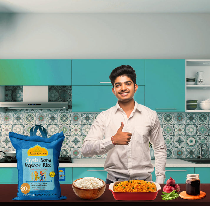 Asian Kitchen Crystal Sona Masoori Aged Rice 20lbs (9.08kg) Short Grain Rice ~ All Natural | Gluten Friendly | Vegan | Indian Origin | Export Quality