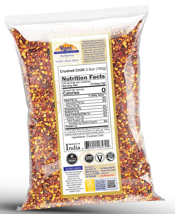 Rani Crushed Red Pepper Flakes Chilli (Pizza Type Cut) 3.5oz (100g) ~ All Natural, No Color added, Gluten Friendly | Vegan | NON-GMO | Kosher | No Salt or fillers