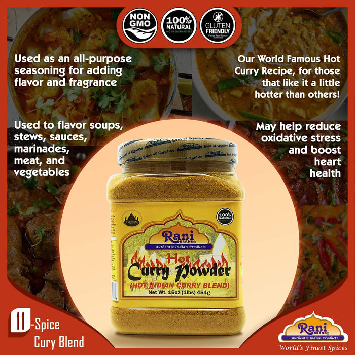 Rani Curry Powder Hot (11-Spice Authentic Indian Blend) 16oz (1lb) 454g PET Jar, Pack of 6 ~ All Natural | Salt-Free | Vegan | No Colors | Gluten Friendly | NON-GMO | Kosher | Indian Origin