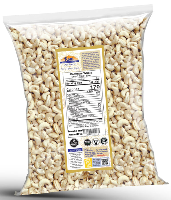 Rani Raw Cashews Whole (uncooked, unsalted) 80oz (5lbs) 2.27kg Bulk ~ All Natural, No Preservatives | Vegan | NON-GMO | Gluten Friendly