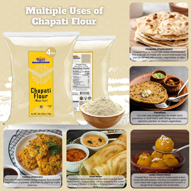 Rani Chapati Flour (100% Pure Whole Wheat Chakki Atta), For Making Roti & Indian Breads 64oz (4lbs) 1.81kg Bulk ~ All Natural | Vegan | No Salt or Colors | NON-GMO | Kosher | Indian Origin