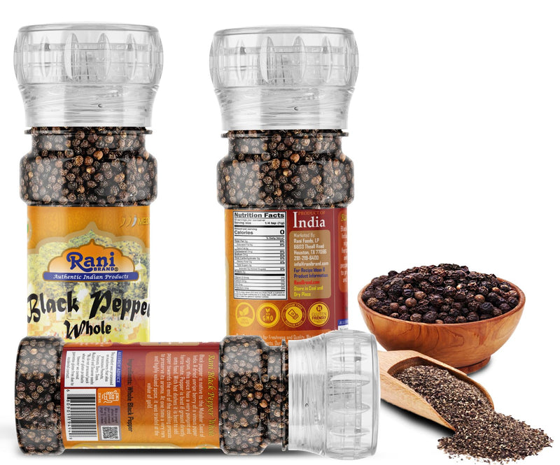 Rani Black Pepper Whole (Peppercorns), Premium Bold Tellicherry Quality 1.8oz (51g) Grinder Bottle ~ All Natural | Gluten Friendly | Non-GMO | Kosher | Product of Vietnam | Perfect size for Grinders!