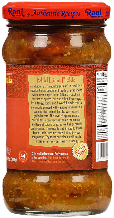 Rani Lime Pickle Mild (Achar, Spicy Indian Relish) 10.5oz (300g) ~ Glass Jar, All Natural | Vegan | Gluten Friendly | NON-GMO | Kosher | No Colors