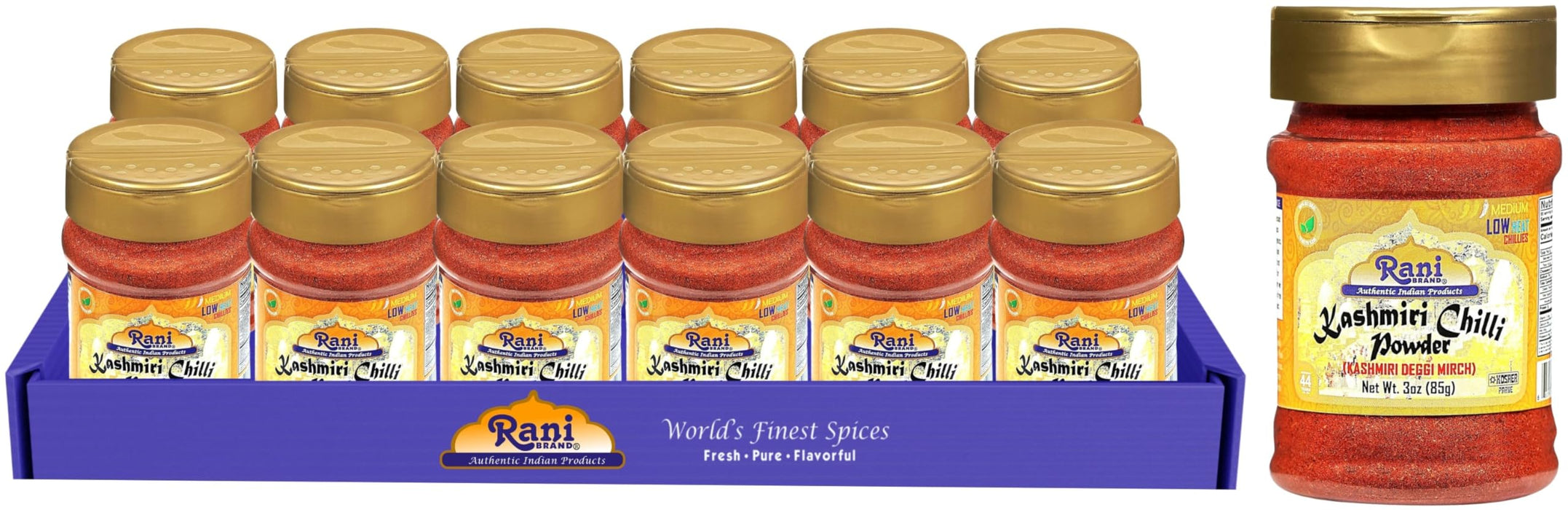 Rani Kashmiri Chilli Powder (Deggi Mirch, Low Heat) Ground Indian Spice 3oz (85g) PET Jar, Pack of 12 ~ All Natural | Salt-Free | Vegan | No Colors | Gluten Friendly | NON-GMO | Kosher | Indian Origin