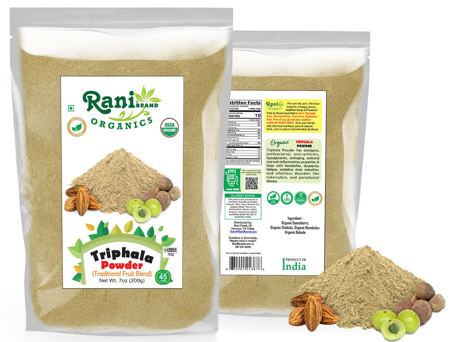 Rani Organic Triphla Powder (Traditional Fruit Blend) 7oz (200g) ~ All Natural | Gluten Friendly | Vegan | Non-GMO | Kosher | No Salt or fillers | Indian Origin | USDA Organic Certified